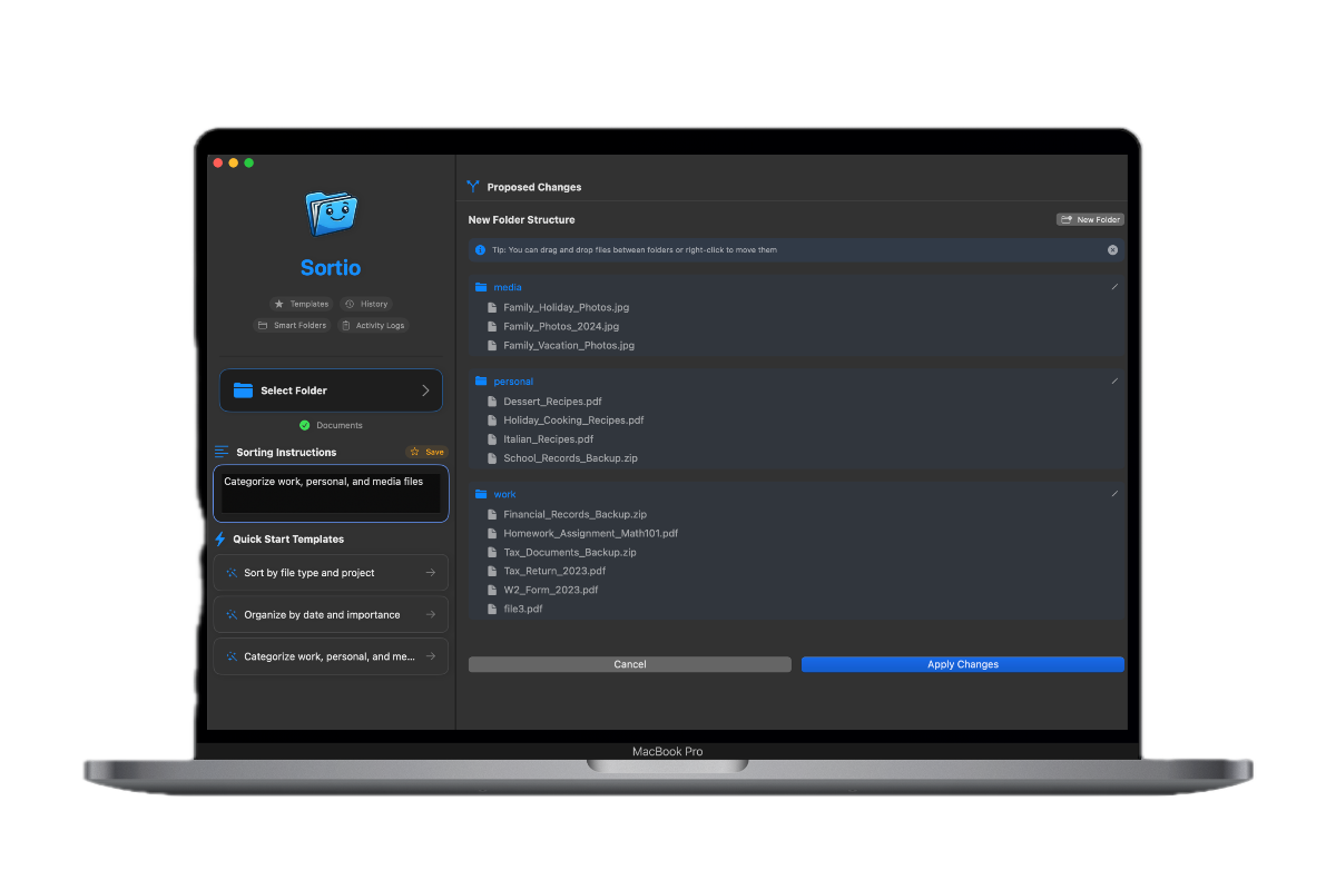 Sortio application interface